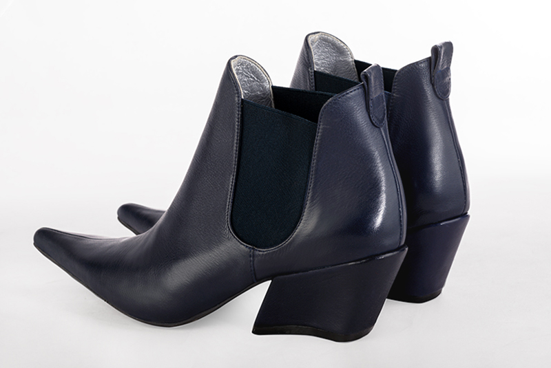 Women's navy blue elegant Chelsea ankle boots, with side elastics. Pointed toe. Medium block heels - Rear view